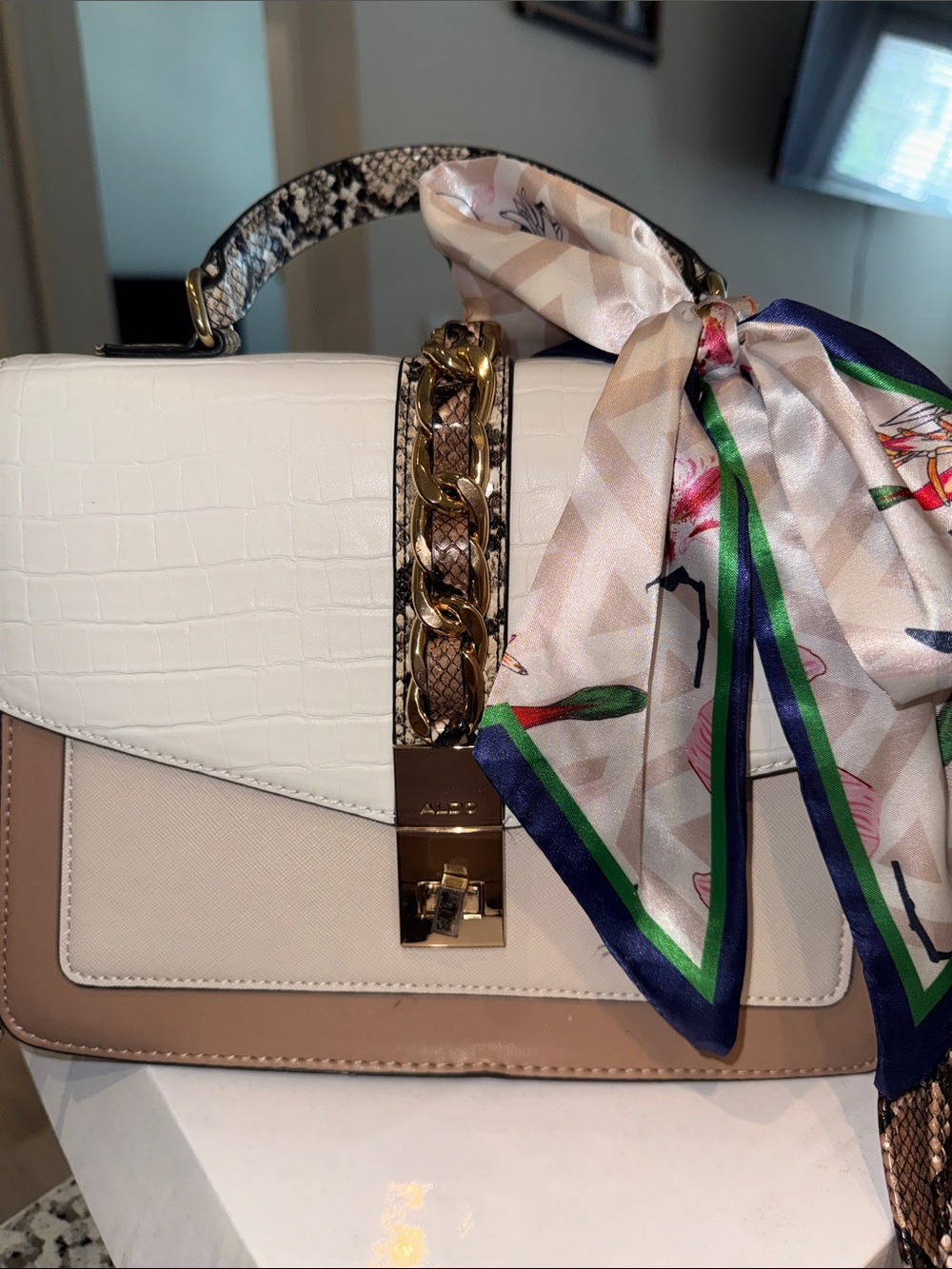 Aldo White, Blush & Beige Top-Handle Satchel with Gold Chain Accent